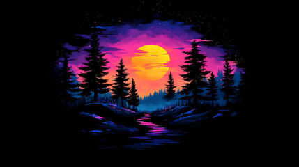 Aufkleber - Vibrant sunset synthwave t-shirt design on pure black backgroundtropical sunset with trees