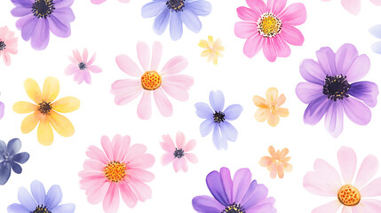 Poster - Watercolor floral clipart, featuring pink, purple, and yellow flowers on a white background the designs are simple and cute, with various watercolor flower designs in different sizes