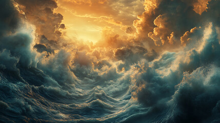 Poster - Waves against the background of clouds covering sun, based on