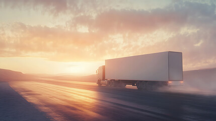 Aufkleber - White cargo truck on the highway at sunrise, large blank space on trailer, concept of logistics