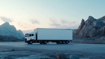 Aufkleber - White semi-truck mockup with a blank trailer on a light background, logistics concept
