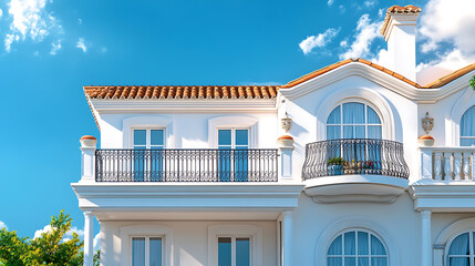 Fototapete - White villa over blue sky, traditional mediterranean residential architecture