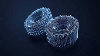 Fototapete - Wireframe abstract illustration with two gears on a dark blue background, mechanical technology machine engineering symbol, industrial development, engine works, business solution