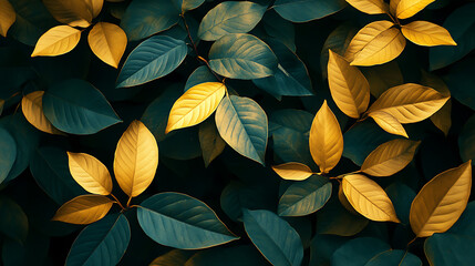 Poster - Wonderful exotic plants with golden leaves on dark green