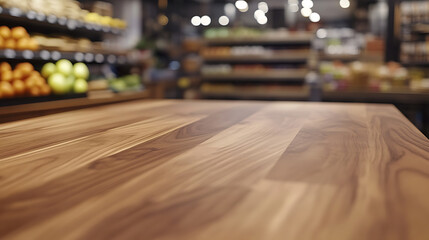 Aufkleber - Wood table countertop in a supermarket in blur background