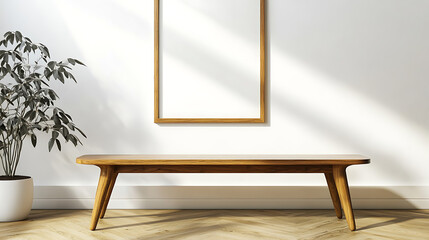 Poster - Wooden bench near white wall with poster frame, scandinavian interior design of modern hall