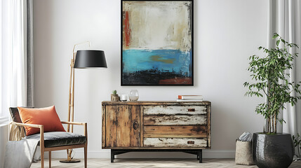 Aufkleber - Wooden distressed cabinet and art poster on white wall, interior design of modern living room