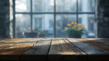 Poster - Wooden table on defocused windowsill background