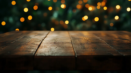 Poster - Wooden table with green bokeh background for product display or food photography