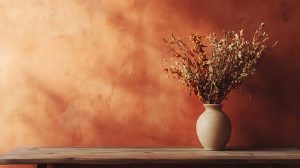 Poster - Wooden table with vase with bouquet of dried flowers near empty, blank terra cotta wall, home interior background with copy space