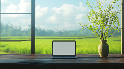 Aufkleber - Work from home in a serene rural setting with green paddy fields, a wooden table, a plant vase, and a laptop with a blank screen