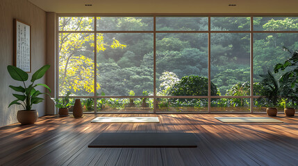 Fototapete - Yoga room with large windows and wooden floor