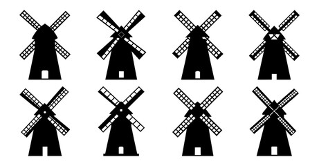 collection of eight black windmill icons isolated on white background different styles and shapes of
