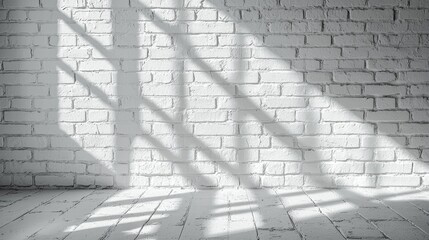 Fototapete - Sunshine streams through a window, creating intricate shadow patterns on an aged white brick wall. The soft light enhances the room's character and tranquility