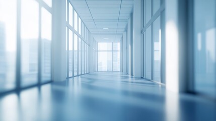 Poster - Modern office hallway with large windows and bright sunlight streaming in.