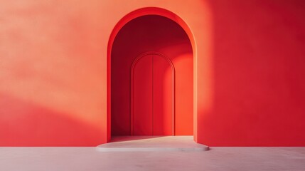 Poster - Red arched doorway with sunlight and marble step.