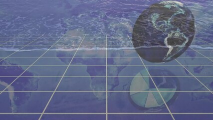 Wall Mural - reflecting earth globe on ocean waves, grid pattern creating animation effect