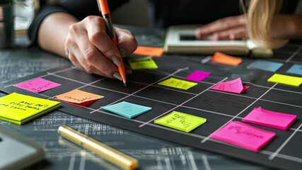 Aufkleber - Creative brainstorming session with colored sticky notes on a black planner at a work desk