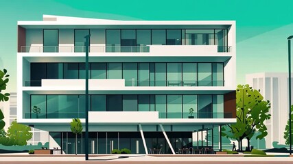 Leinwandbilder - Modern architectural design of a sleek office building with large glass windows surrounded by greenery in a vibrant urban setting