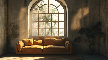 Aufkleber - Cozy sofa against of arched windows in room with concrete wall, loft interior design of modern minimalist living room