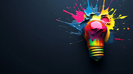 Poster - Creative colorful inspiration concept with lightbulb made from liquid paint on purple background