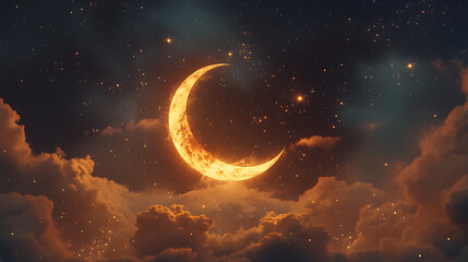 Aufkleber - Crescent moon shining over dark sky with stars and clouds, ramadan kareem greeting card design