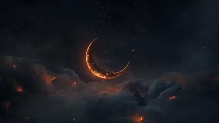 Fototapete - Crescent moon shining over dark sky with stars and clouds, ramadan kareem greeting card design