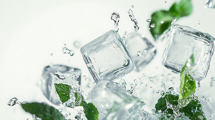 Poster - Crystal clear ice cubes and fresh mint leaves with a splash of water droplets against a white background, perfect for a refreshing drink advertisement