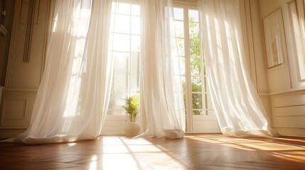 Poster - Curtains made of light and airy fabric in a modern living room develops the wind on a summer day