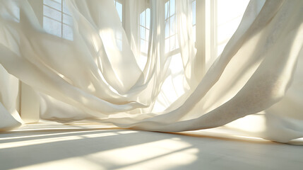 Aufkleber - Curtains made of light and airy fabric in a modern living room develops the wind on a summer day