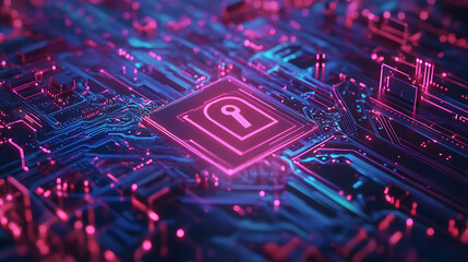 Fototapete - Cyber security concept, lock icon on circuit board background
