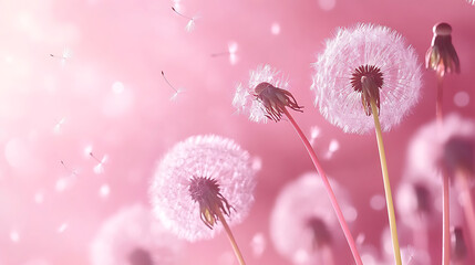 Poster - Dandelion fluff background for aesthetic minimalism style background, blush pink color wallpaper with elegant and light flying fluffs on empty wall, fragile, lightweight and beautiful nature backdrop