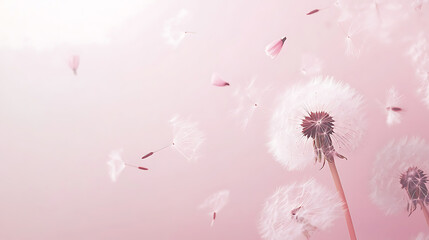 Poster - Dandelion fluff background for aesthetic minimalism style background, blush pink color wallpaper with elegant and light flying fluffs on empty wall, fragile, lightweight and beautiful nature backdrop