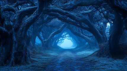 Aufkleber - Dark creepy forest with fog, fantastic night landscape, ominous darkness, forest of horrors
