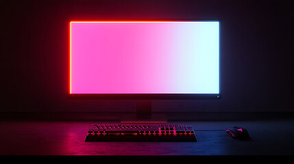 Poster - Dark luminous case of gaming pc with empty monitor, keyboard on the desk, neon light of gaming pc, desktop computer with blank screen, rgb lighting gaming rig