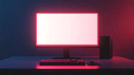Fototapete - Dark luminous case of gaming pc with empty monitor, keyboard on the desk, neon light of gaming pc, desktop computer with blank screen, rgb lighting gaming rig