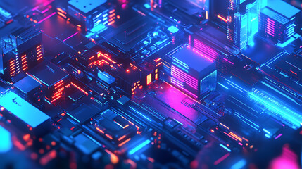 Fototapete - Data center, abstract digital warehouse, futuristic modern illustration in blue neon colors