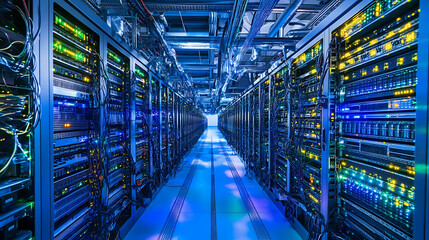 Poster - Data center full of rack servers and high tech infrastructure
