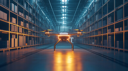 Poster - Delivery drone in warehouse, futuristic technologies of the future