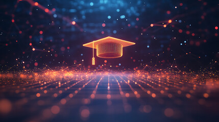 Aufkleber - Digital banner of an illuminated graduation cap floating above a network grid, symbolizing the entrance to online education and learning