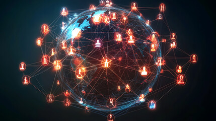 Poster - Digital globe with global network connections and images of social media, digital marketing concept background banner a softly blurred background