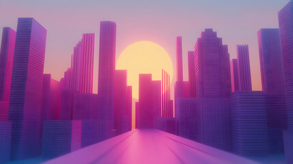 Aufkleber - Digitization of futuristic city with skyscrapers at sunset