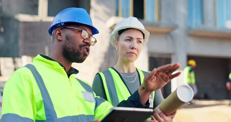 Aufkleber - Architect, staff and discussion with tablet for construction planning, site inspection and architecture design. People, digital blueprint and communication of maintenance, safety schedule and project