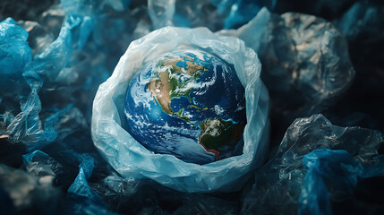 Poster - Earth wrapped in a plastic bag, global environment concept