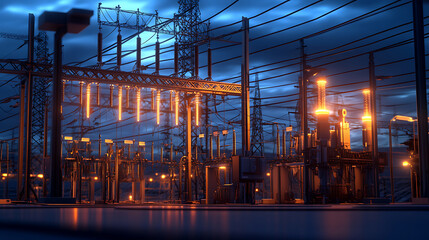 Poster - Electricity grid infrastructure at dusk, highlighting the critical importance of protecting power transmission and distribution systems