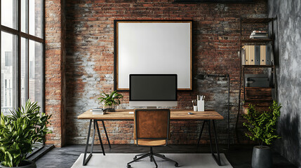 Fototapete - Elegant home office in loft style with textured walls and mockup frames, good for home office setups, interior design inspiration, furniture catalogs, workspace optimization, and modern home decor