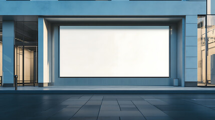 Poster - Elegant storefront with large blank billboard, clear sky, modern architecture, urban sophistication