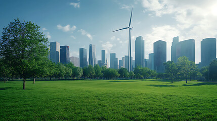 Poster - Empty city park in green hues, the sustainability concept, featuring wind turbines in the backdrop, suggesting the importance of integrating renewable energy sources in urban settings