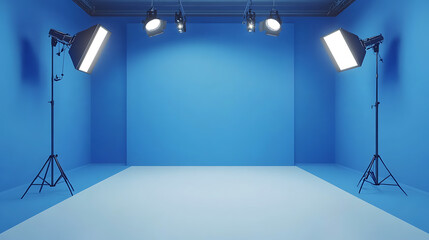 Fototapete - Empty photo studio with blue walls, professional lighting equipment, and white floor, photography setup studio concept