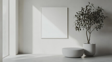 Leinwandbilder - Empty white frame hanging in simple light concrete gallery interior, mock up, 3d rendering